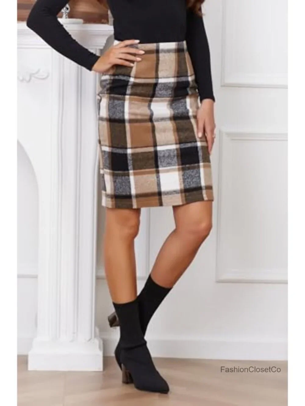 Women Wool Plaid High Waist Pencil Midi Skirt with Back Split